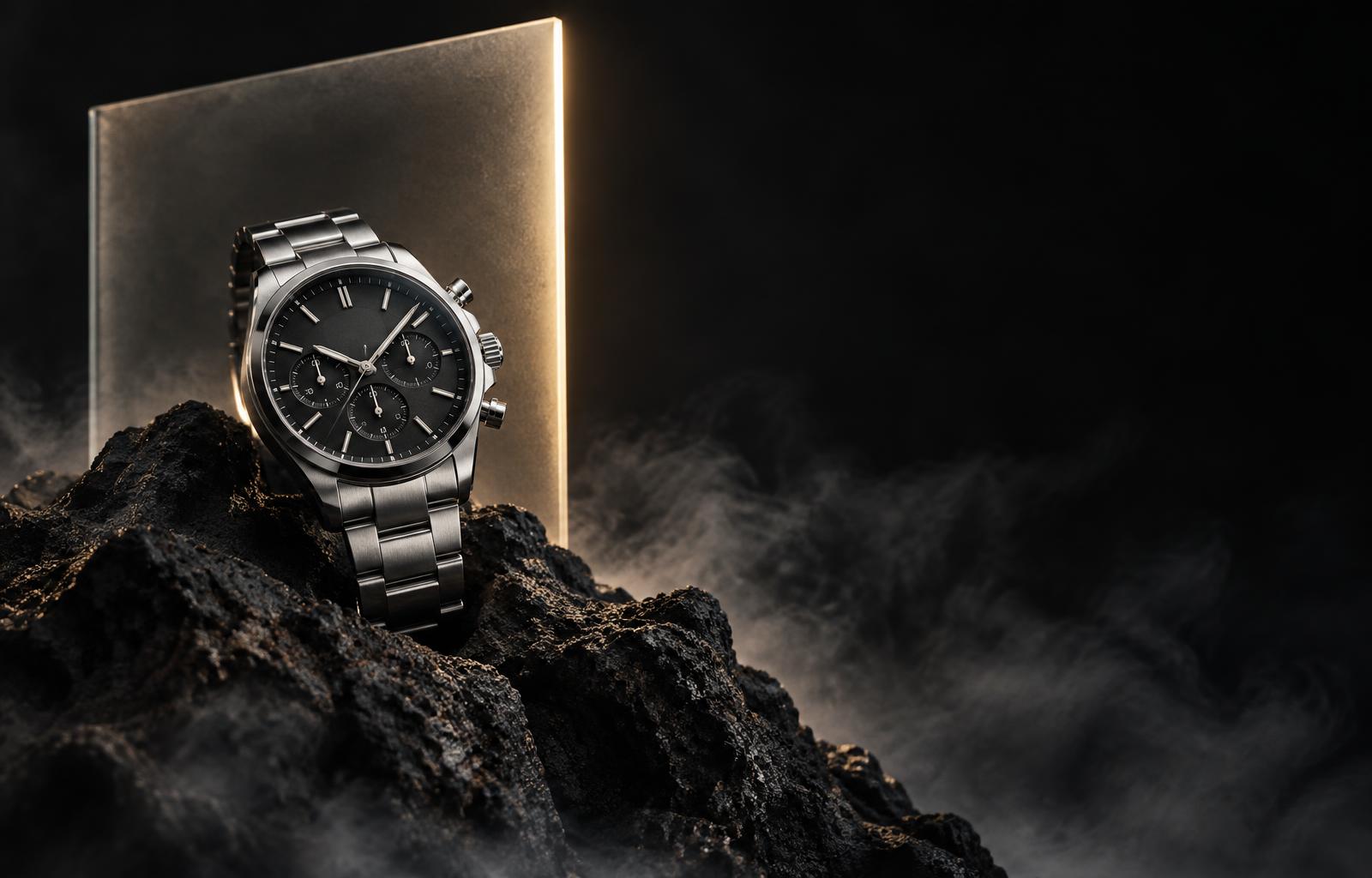 Steel chronograph watch on volcanic rock beside a glowing glass panel