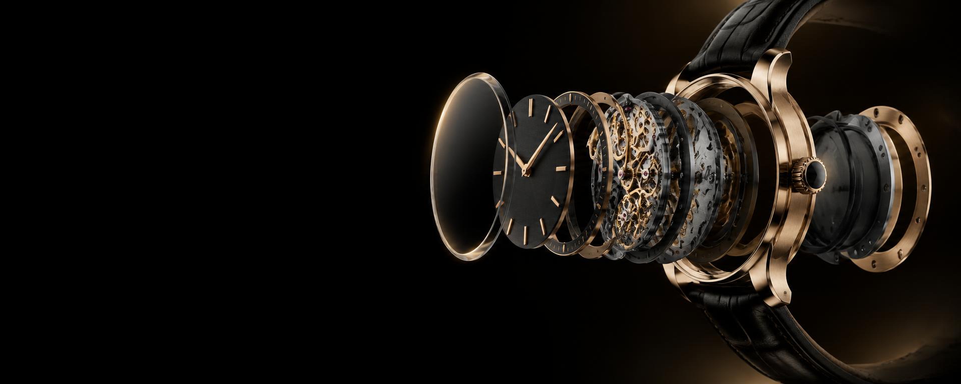 Precision watch components in an exploded product study